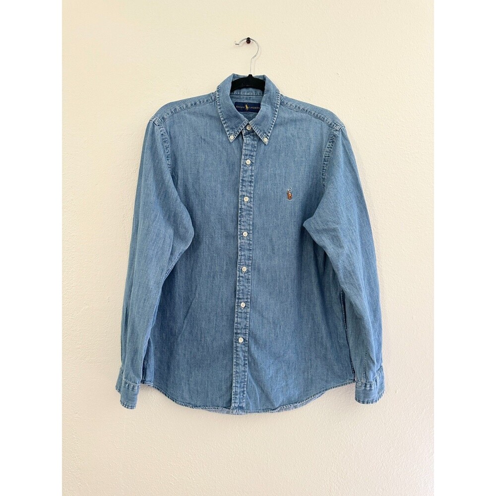 Ralph Lauren Chambray Button Down Shirt Cotton Logo Embroidered Americana Mens L